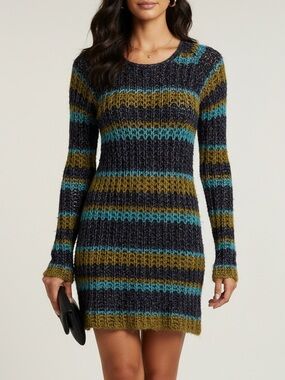 imPRESS Striped Scoopneck Knit Dress in Teal, Olive & Navy